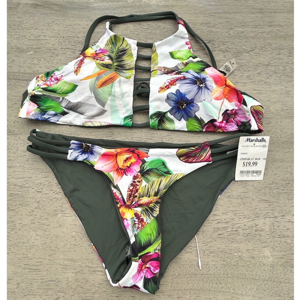 TiNiBiKiNi Women Tropical Floral High Neck Ladder Cutout Bikini Set Green M‎ NEW